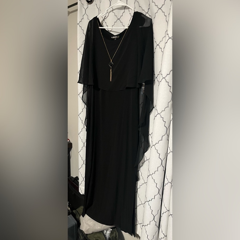 New with tag long black size 14 cape dress with necklace